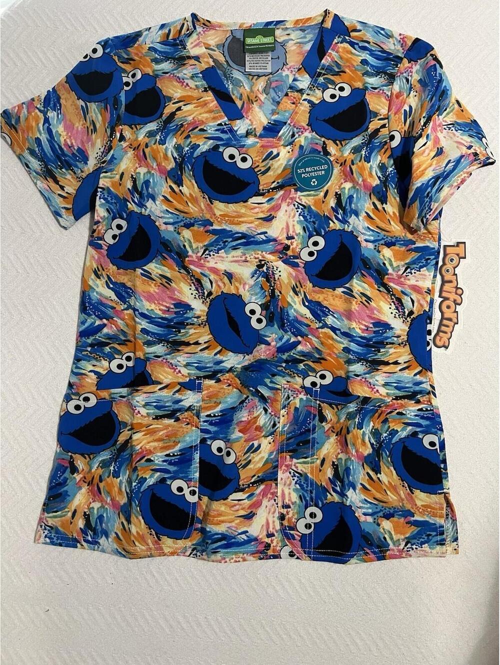 Tooniforms Unisex V-Neck Short Sleeve Scrub Top Multicolor Cookie Monster Print